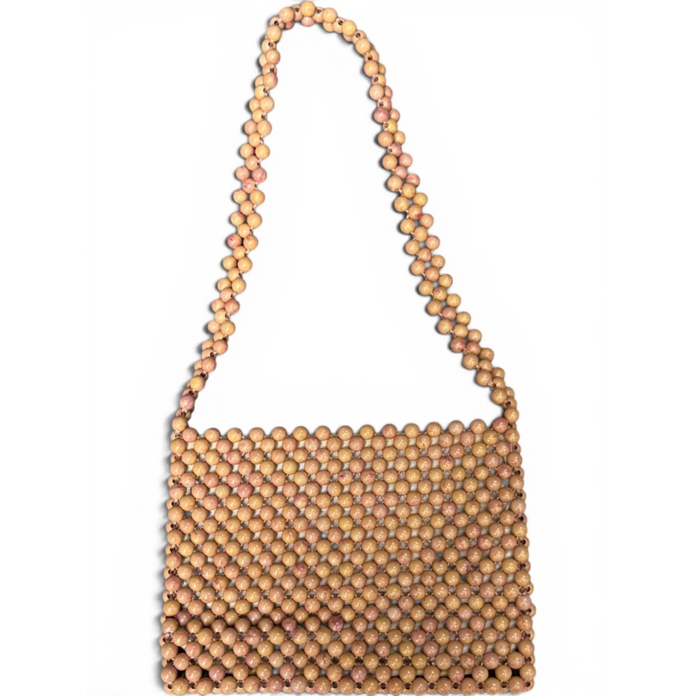 Vintage 1960s Lady Ellen Plastic Beaded Shoulder Bag Tan Boho Evening Purse HK